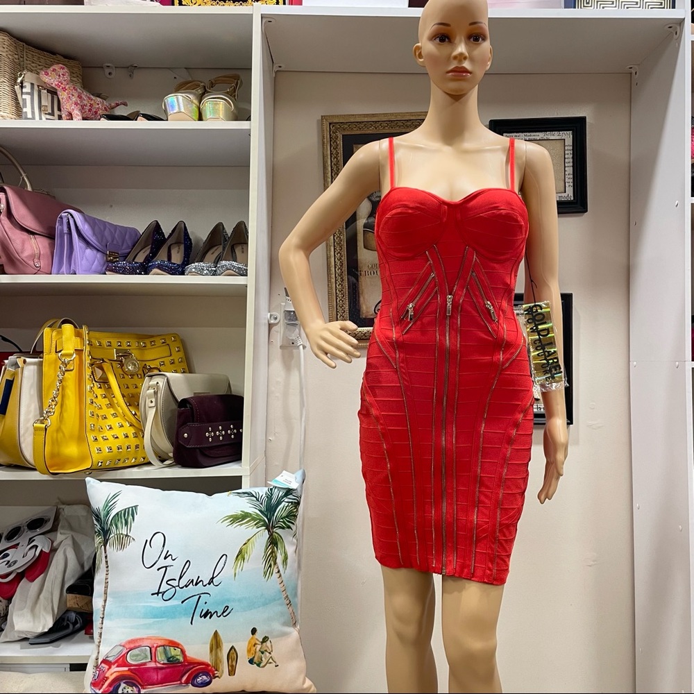 Gold Label NWT! Wow Couture Red/Gold Bandage Zip Stretch Midi Dress Size S